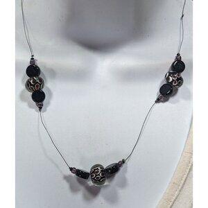 Elegant Lamp Work Glass Beaded Black And Silver Tone Station Necklace